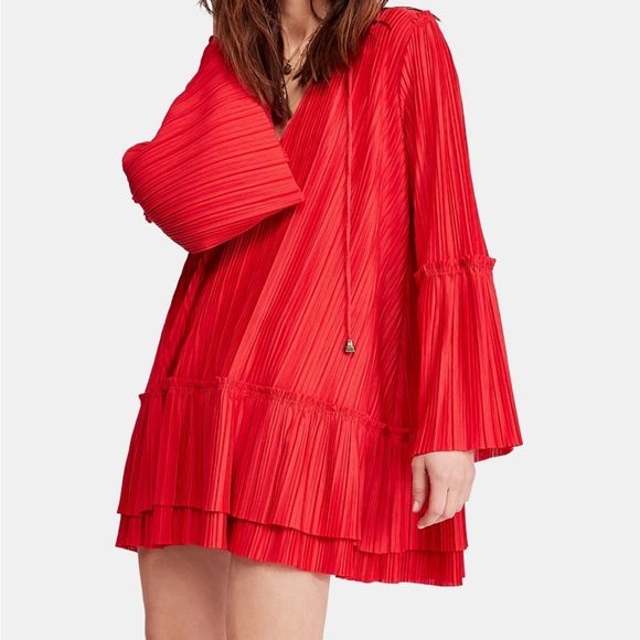 Free People Cherry Red Pleated Bell Sleeve Hippie Dress - S - Red - Picture 4 of 5
